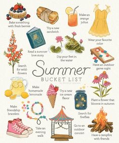 a poster with the words summer bucket list written in english and spanish, including pictures of items from different places around the world