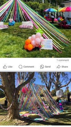 an image of a tent with balloons and streamers on the ground in front of it