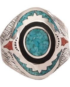 a silver ring with turquoise and red stones