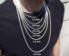 "Enhance your fashion with our versatile ✨ 925 Diamond Cut Rope Chain--a sturdy Sterling Silver necklace suitable for men, women, and anyone looking for a unisex accessory. You can choose from various widths (1.5mm, 2.0mm, 2.5mm, 3.0mm, 3.5mm, 4mm) and lengths (7\", 8\", 9\", 16\", 18\", 20\", 22\", 24\", 30\"), providing options to match your personal style.  💖Enjoy the sparkle of our High Polished 925 Sterling Silver Rope Chain, carefully crafted to give it a glossy finish. Made from the fine Luxury Diamond Rope Chain Necklaces, Silver Rope Necklace, Luxury Diamond Rope Chain Jewelry, Chain Necklace Men, Best Friend Necklace, Silver Rope Chain, Claw Necklace, Rope Chain Necklace, Necklace Men