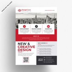 a red and black flyer template for a new & creative design company, with an image of the city in the background