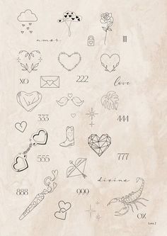 an old paper with drawings on it and hearts, arrows, numbers, and other things