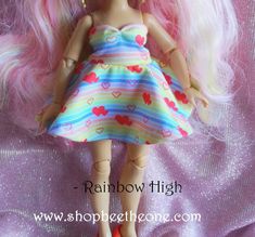 A beautiful short and fluid dress, with a bustier with a mermaid neckline and a skater skirt. The fabric has a pattern of horizontal stripes in the colors of the rainbow and white, dotted with red hearts. This pattern was created by me and the fabric is made exclusively for my store! This dress is the ideal base for creating all kinds of looks: spring, summer, beach, garden, tea time or even a date night.  Closes with a velcro sewn in the back. The bustier is held in place thanks to the elastic Rainbow High Dolls, Patterns For Fashion, High Clothes, Princess And The Pauper, Petite Curvy, Silver Skirt, Beach Garden, Queen Outfit, Sparkle Top