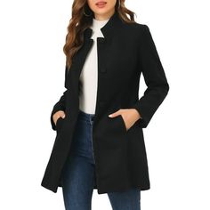 This coat featuring stand collar and single breasted design add feminine and elegant feel to your winter look. Overcoat is spun from soft fabric and fully lining, which is comfortable for all-day wear with big slant pockets. A good choice for winter and cold fall. No matter what look you slip it over, this winter coat adds a layer of warmth and finishes the refined, warm and effortless day-to-night look. Style this peacoat with blouse and pants for a warm and elegant look. Occasion: Work, Office Black Coat Outfit, Winter Overcoat, Long Overcoat, Single Breasted Coat, Collar Coat, Cold Weather Fashion, Stand Up Collar, Collared Coat, Woman Standing