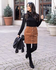 Courduroy Mini Skirt, Courdoroy Skirt Outfit Fall, Winter Fashion With Skirts, Winter Skirts With Tights, Style Corduroy Skirt, Fall Skirts And Boots, Shacket And Skirt Outfit, Corduroy Skirt Outfit Fall Tights, Fall Knee Length Skirt Outfits