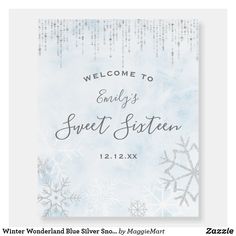 a welcome card with snowflakes and sparkles on the front, in white