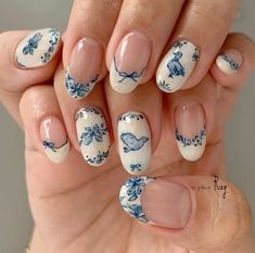 France Inspired Nails, France Nails Style, Delft Nail Art, Blue Porcelain Nails, Blue China Nail Art, Blue China Nails, Tea Party Nails, White And Blue Porcelain Nails, Silly Nails