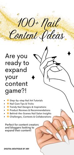 Are you a dedicated nail tech content creator looking to take your online presence to the next level? Look no further! We've crafted the ultimate list of 100 captivating nail tech content ideas to help you elevate your social media game! Nail Tech Tools, Nail Inspo Ideas, Nail Techniques, Nail Design Inspiration, Nail Care Tips, Social Media Games, Trendy Nail Design, Content Ideas, Nail Art Tutorial