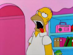 the simpsons is opening his mouth in front of an open bookcase