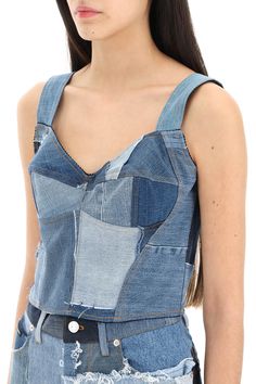 70% Cotton, 26% Polyester, 4% Elastane Denim Bustier Top, Denim Bustier, Denim Crop Top, Feminine Chic, Patchwork Denim, Upcycle Jeans, Denim Patchwork, Bustier Top, Denim Design