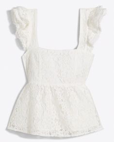 Sweetness and light. Our Melissa Babydoll Top is made from white lace and finished with tons of flattering details, including a square neckline, an empire waist, a smocked back and double ruffles at the shoulders, for a cute, classic look that's borderline angelic. Bring it down to earth with your favorite jeans and cl White Feminine Lace Top With Lace Trim, White Sleeveless Scalloped Lace Top, White Sleeveless Lace Top With Scalloped Lace, White Sleeveless Lace Top With Scalloped Edges, Sleeveless Lace Top With Ruffles, White Feminine Lace Top, White Lace Top With Ruffles, White Square Neck Top For Party, Fitted Sleeveless Lace Top With Ruffles