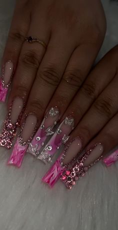 Chanel Acrylic Nails, Pink Extra Nails, Pink Blinged Out Nails, Barbie Nails Design Ideas, Barbie Nails Acrylic, Gyaru Nails, Latina Nails, Junk Nails