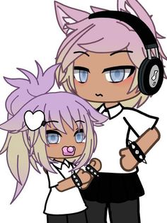 two anime characters with headphones on, one is holding the other's neck