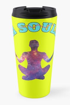 a yellow travel mug with the silhouette of a person sitting in yoga pose on it