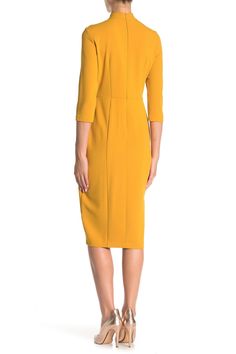 A sheath dress features a cutout mock neck with a twist for ultimate sophistication. Fit: this style fits true to size. Keyhole mock neck. 3/4 length sleeves. Back zip closure. Crepe fabrication. Unlined. Approx. 40" length (size 2). Imported Spring Midi Dress With Back Zipper For Work, Spring Workwear Midi Dress With Back Zipper, Spring Bodycon Dress With Back Zipper For Work, Stretch Knee-length Dress With Gathered Sleeves, Spring Knee-length Ruched Long Sleeve Dress, Ruched Knee-length Elastane Midi Dress, Bodycon Midi Dress With 3/4 Sleeve, Elegant Shift Dress With 3/4 Sleeves, Nordstrom Fitted Knee-length Dress