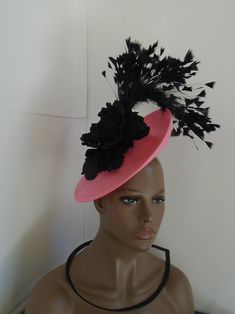 Large coral pink 12x17 wow factor fascinator the hat is embellished with black feathers and floral see the shop for 200 more trending on point hats You will receive in the mail 4-5 days after purchase Spring Evening Costume Hats With Feather Trim, Feather Trim Costume Hats For Evening Events In Spring, Feather Trim Costume Hats And Headpieces For Spring Evening, Spring Evening Hats With Feather Trim, Evening Hats With Feather Trim For Spring, Spring Evening Hat With Feather Trim, Black Feathered Mini Hats For Spring, Spring Party Hat With Feather Trim, Pink Feather Trim Hat For Evening