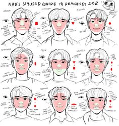 an image of how to draw the face and head in different poses, with instructions for each