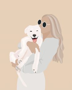 a woman holding a white dog in her arms and wearing sunglasses on top of her head