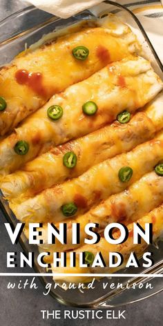 an enchiladas dish with green onions and cheese in a glass casserole dish