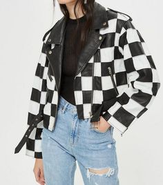 Light wash jeans & Checkerboard  Biker Jacket Fall Jacket Trends, Fall Fashion Staples, Groovy Fashion, Checkered Jacket, Faux Leather Biker Jacket, Leather Biker Jacket, Topshop Outfit, Mode Inspo, Fall Jackets