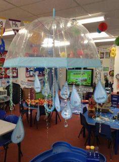 an inflatable ball is hanging from the ceiling at a school luncheon area