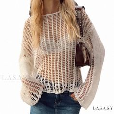 Lasaky - Crochet Cover-Up Beach Hollow Out Vacation Knit Long Sleeve Sun Protection Shirt Crochet T Shirt, Y2k Crochet, Crochet Cover Up, Coverup Beach, Silk Camisole, Crochet Blouse, Knitting Women Sweater, Knit Long Sleeve, Beachwear For Women