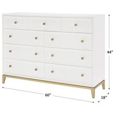 a white dresser with gold handles and drawers, measurements for the top drawer on each side