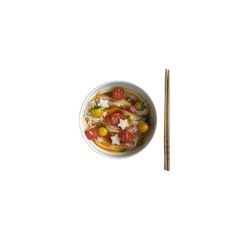 a bowl of soup and chopsticks on a white background with space for text