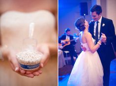 a bride and groom sharing a first dance at their wedding reception in the blue light