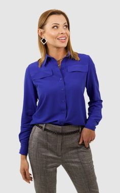 Shirt with yoke and flaps Front button fastening Curved hem Classic collar Long  sleeves Buttoned cuffs Made from 65% cotton; 30%polyester; 5% elastane; Dry clean Wash and iron Inside out. Accessories are not included! Model measurements: High - 173cm Bust - 88cm Waist - 68cm Hip - 97cm The model wears size M Elegant Office, Blouse Price, Blue Shirt, Model Measurements, Formal Wear, Women's Shirt, Womens Clothing Tops, Favorite Outfit, Inside Out