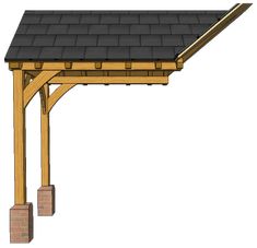 a wooden pergolan with black roof and brick pillars