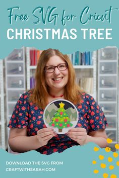 a woman holding up a christmas tree with the text free svg for cricut