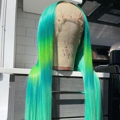 Product Details: Lace Front Wig Virgin Human Hair Custom Color Wig *Cap Style-Lace Front Wig *Material-Virgin Human Hair *Color-Same As Picture *Density-150% *Cap Size-Medium Rainbow Laces, Green Wig, Human Hair Color, Creative Hair Color, Ombre Wigs, Custom Wigs, Green Ombre, Pretty Hair Color, Green Lace