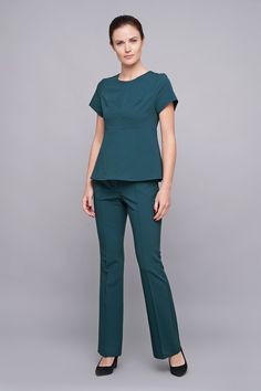 "A two piece pants set featuring short sleeve peplum top and high waist flared trousers. top: - short sleeves - peplum silhouette - concealed back zipper closure pantss: - flared - high waist - concealed side zipper closure Color: dark green Fiber: viscose 40% , polyester 55 %, elastane 5 %. Our model wears size US 6 and is 176cm/5'8\" tall. You may feel free choosing the size. Just send us your measurements (bust, waist, hips, height). SIZE CHART XS __ EU 34 __ US 4 bust: 31,5\" | 80 cm waist: Pant Suit Women, Tunic And Pants, Mandarin Dress, Short Sleeve Peplum Top, Pant Suits For Women, Women Tunic, Two Piece Pants Set, Suit Women, Flared Trousers