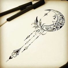 an ink drawing of a crescent moon and arrow