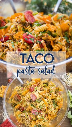 two bowls filled with pasta and vegetables on top of a wooden table next to each other