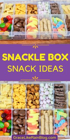 two plastic containers filled with snacks and the words snack box snack ideas in yellow overlay