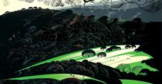 a painting of trees and hills with green grass