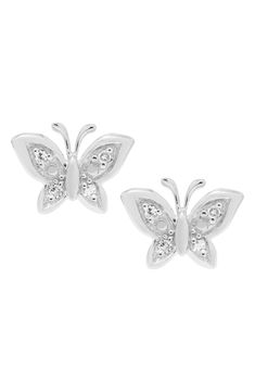 Dainty diamonds add extra sparkle to this set of enchanting sterling-silver butterfly earrings. Style Name:Mignonette Sterling Silver & Diamond Butterfly Stud Earrings. Style Number: 5514289. Available in stores. Silver Butterfly Earrings, Butterfly Stud Earrings, Diamond Butterfly, Butterfly Earrings Stud, Diamond Guide, Butterfly Earrings, Silver Diamonds, Silver Earrings Studs, Sterling Earrings