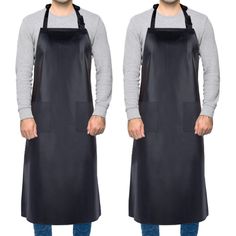 two men wearing black aprons, one with an open front and the other without