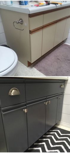 before and after photos of a bathroom vanity with drawers on the bottom, and in the middle