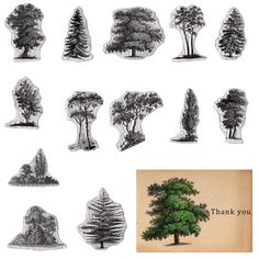 several different types of trees are shown in black and white, with the words thank you written