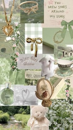 a collage with many different items including a teddy bear, flowers and other things