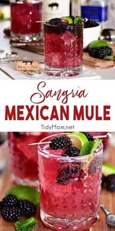 two glasses filled with sanggra moscow mules and garnished with blackberries