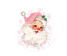 an old fashioned santa claus with a pink hat and holly - berry garland on his head