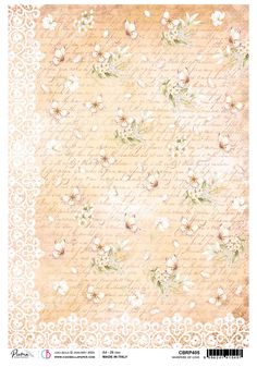 an old paper with white flowers on it