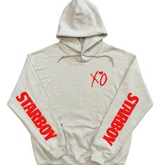 This Is The The Weeknd Hoodie With Xo Designs On The Front And Back And Starboy Designs On The Sleeves On A Sand Hoodie With Red Designs. The Weeknd Phone Case, Xo Hoodie, The Weeknd Hoodie, Varsity Hoodie, Hoodies Men Pullover, Collared Sweatshirt, Gildan Sweatshirts, Red Design, Blue Hoodie