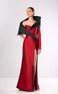 Edward Arsouni Couture FW654 Bordeaux-Black Pre-draped Long Sleeve Wedding Gown, Long Sleeve Evening Dress With Fitted Bodice For Gala, Formal Long Sleeve Fitted Evening Dress, Fitted Pre-draped Gown For Dinner, Formal Fitted Long Sleeve Evening Dress, Silk Gown With Asymmetrical Neckline, Formal Long Sleeve Gown For Gala, Fitted Long Sleeve Pre-draped Evening Dress, Elegant Long Sleeve Gown For Gala