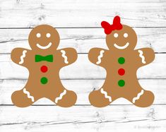 two gingerbread cut outs with bows and bow ties on wooden planked wall background