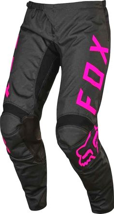 the fox racing pants with pink lettering on the bottom and side panels are shown in black,